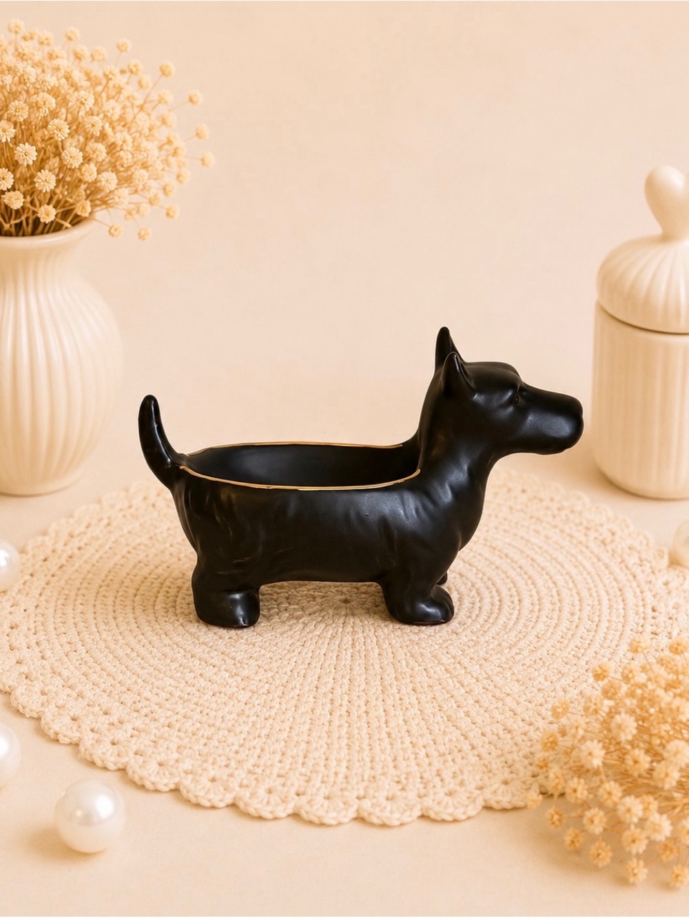 Matte Black Scottie Dog Trinket Dish with Gold Trim